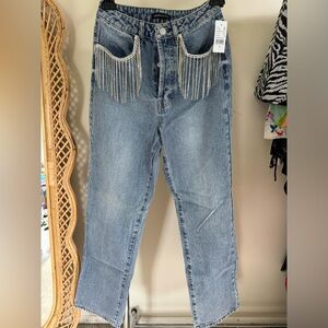 BNWT Kendall & Kylie 90’s Denim Jeans with rhinestone pocket fringe